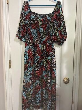Smocked Floral Midi Dress in Black with Red & Blue Blooms